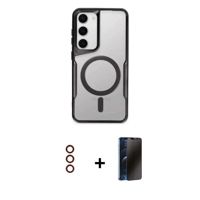MARSİLYAN™- Galaxy S23 Kılıf Yadigar Klasik Özel Seri - Siyah 3D Antistatik Hayalet Cam Ekran Koruyucu + Metal Kamera Lens - KI