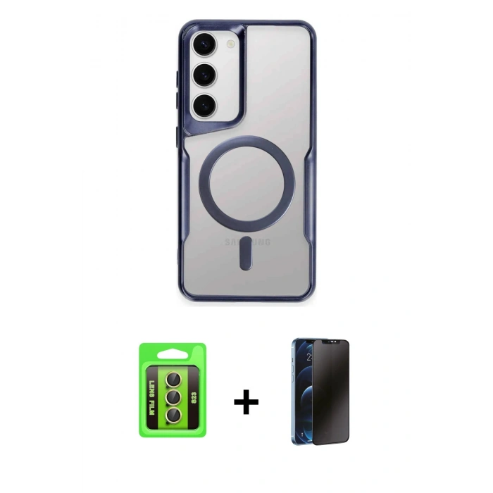 MARSİLYAN™- Galaxy S23 Kılıf Yadigar Klasik Özel Seri - Siyah 3D Antistatik Hayalet Cam Ekran Koruyucu + Raze Metal Kamera Lens - SI