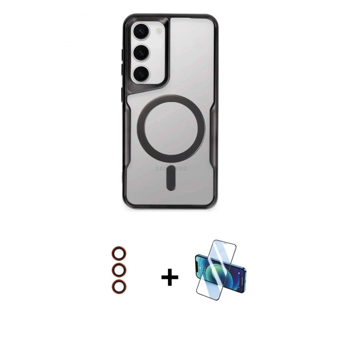MARSİLYAN™- Galaxy S23 Kılıf Yadigar Klasik Özel Seri - Siyah 3D Antistatik Seramik Nano Ekran Koruyucu + Metal Kamera Lens - KI