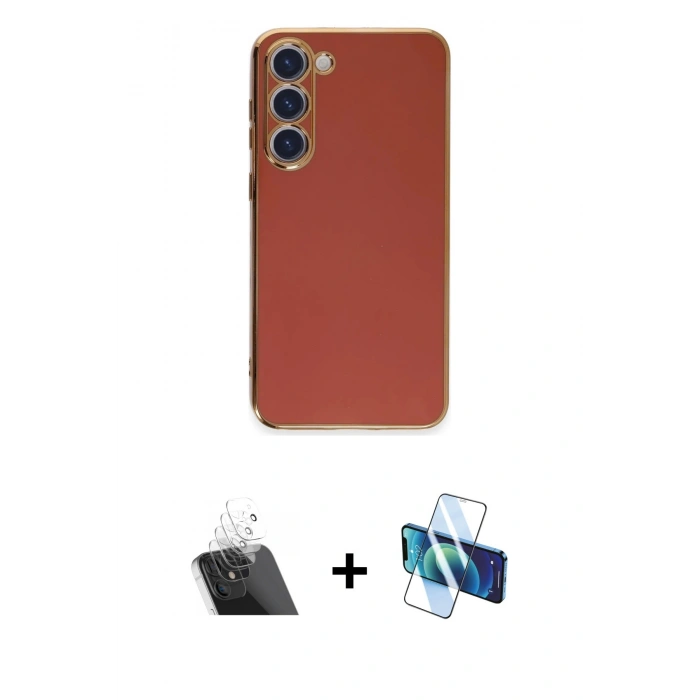 MARSİLYAN™- Galaxy S23 Kılıf Yankı Serisi - Siyah 3D Antistatik Cam Ekran Koruyucu + Kamera Lens Koruma Cam - SF