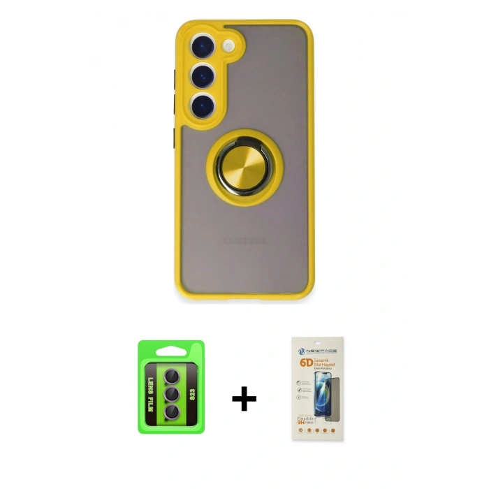MARSİLYAN™- Galaxy S23 Kılıf Yörünge Çizgi - Siyah 6D Mat Seramik Hayalet Nano Ekran Koruyucu + Raze Metal Kamera Lens - MR