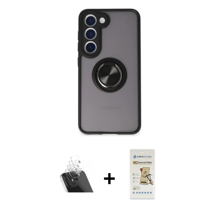 MARSİLYAN™- Galaxy S23 Kılıf Yörünge Çizgi - Siyah Mat Seramik Nano Ekran Koruyucu + Kamera Lens Koruma Cam - SF
