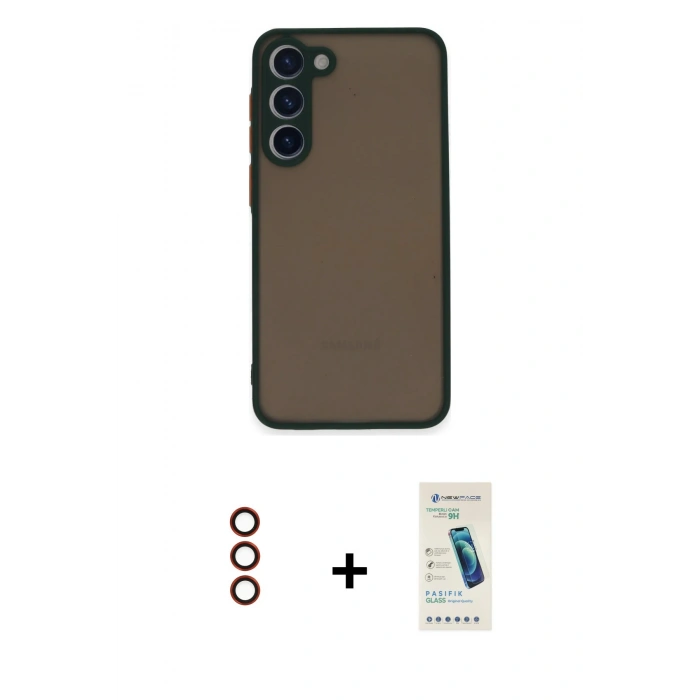 MARSİLYAN™- Galaxy S23 Plus Kılıf Ahenk Çizgi Serisi - Şeffaf Pasifik Cam Ekran Koruyucu + Metal Kamera Lens - KI