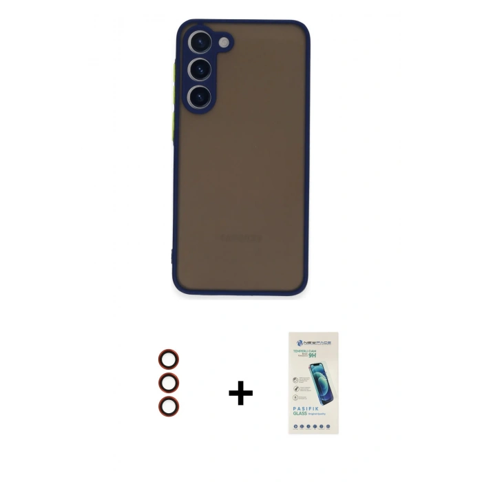 MARSİLYAN™- Galaxy S23 Plus Kılıf Ahenk Çizgi Serisi - Şeffaf Pasifik Cam Ekran Koruyucu + Metal Kamera Lens - KI