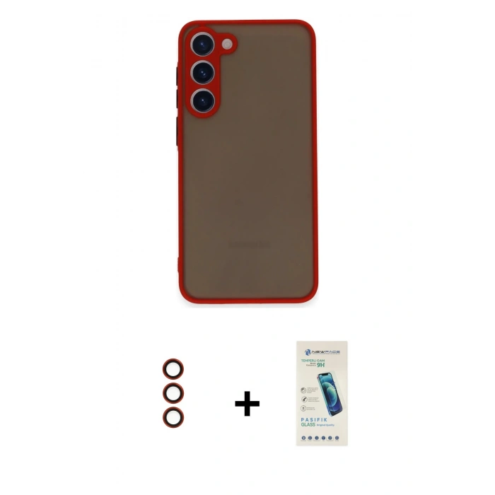MARSİLYAN™- Galaxy S23 Plus Kılıf Ahenk Çizgi Serisi - Şeffaf Pasifik Cam Ekran Koruyucu + Metal Kamera Lens - KI