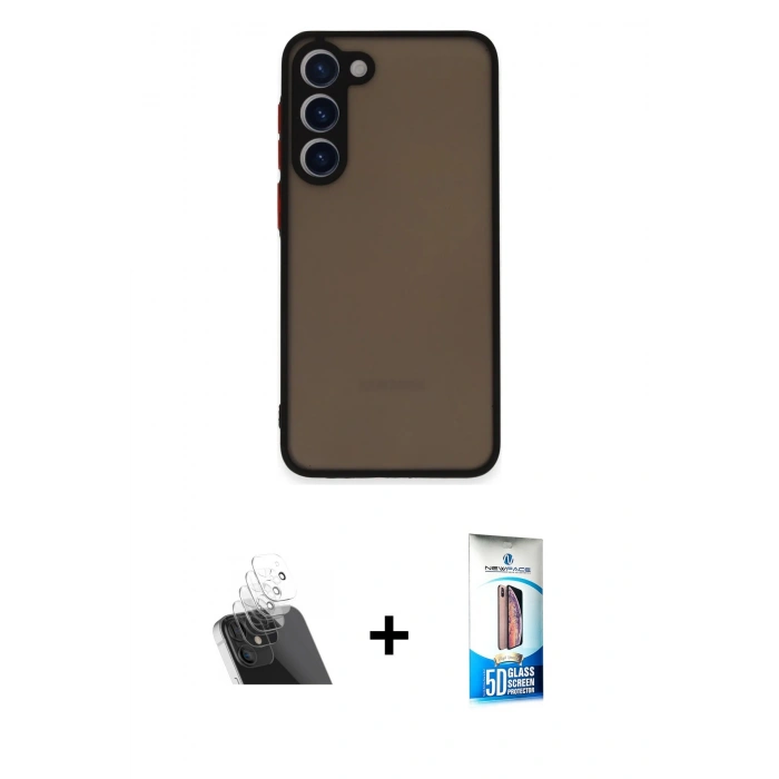 MARSİLYAN™- Galaxy S23 Plus Kılıf Ahenk Çizgi Serisi - Siyah 5D Eko Cam Ekran Koruyucu + Kamera Lens Koruma Cam - SF
