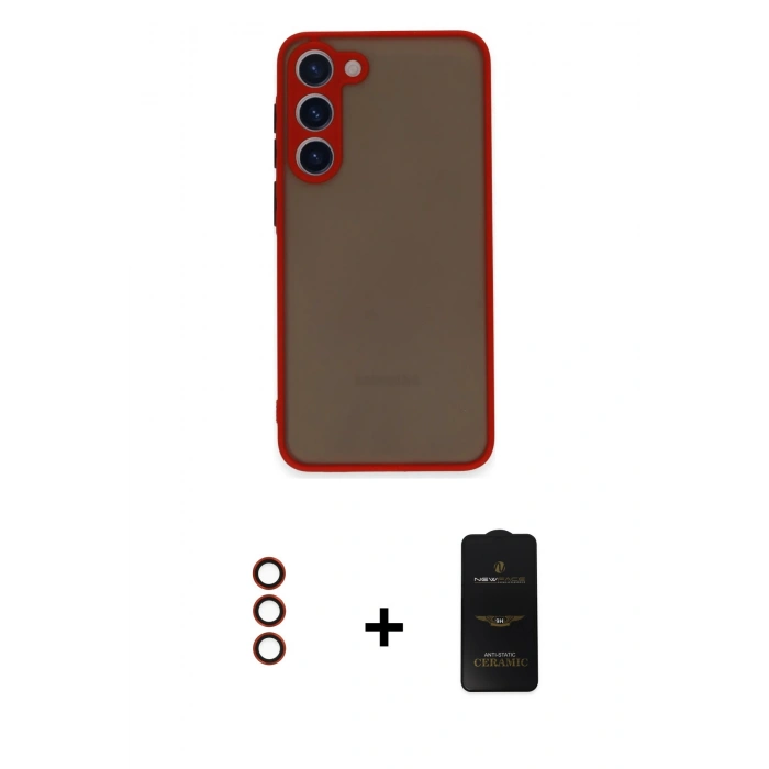 MARSİLYAN™- Galaxy S23 Plus Kılıf Ahenk Çizgi Serisi - Siyah 6D Antistatik Mat Seramik Hayalet Nano Ekran Koruyucu + Metal Kamera Lens - KI