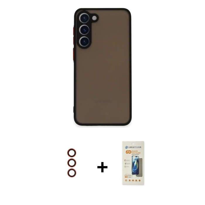 MARSİLYAN™- Galaxy S23 Plus Kılıf Ahenk Çizgi Serisi - Siyah 6D Mat Seramik Hayalet Nano Ekran Koruyucu + Metal Kamera Lens - KI