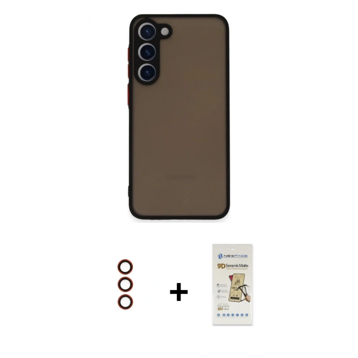 MARSİLYAN™- Galaxy S23 Plus Kılıf Ahenk Çizgi Serisi - Siyah Mat Seramik Nano Ekran Koruyucu + Metal Kamera Lens - KI