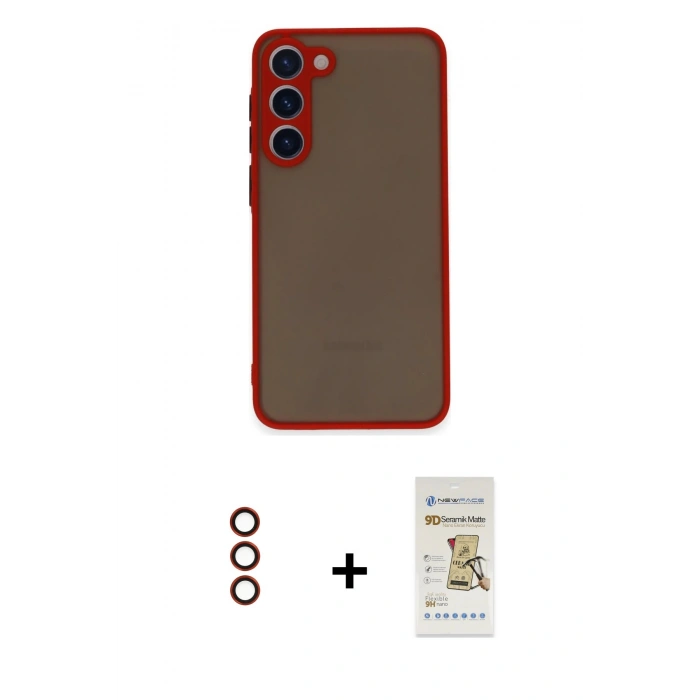 MARSİLYAN™- Galaxy S23 Plus Kılıf Ahenk Çizgi Serisi - Siyah Mat Seramik Nano Ekran Koruyucu + Metal Kamera Lens - KI