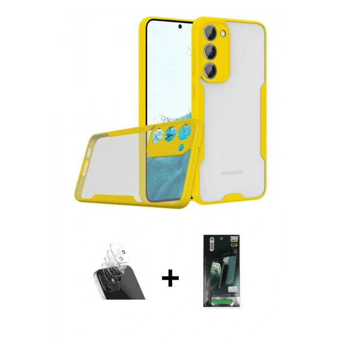 MARSİLYAN™- Galaxy S23 Plus Kılıf Atlas Asil Serisi - Siyah 360 Mat Full Body Arka Koruyucu + Kamera Lens Koruma Cam - SF