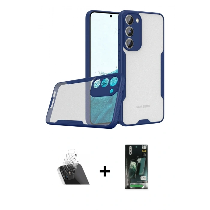 MARSİLYAN™- Galaxy S23 Plus Kılıf Atlas Asil Serisi - Siyah 360 Mat Full Body Arka Koruyucu + Kamera Lens Koruma Cam - SF