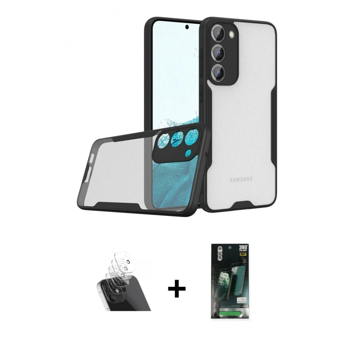 MARSİLYAN™- Galaxy S23 Plus Kılıf Atlas Asil Serisi - Siyah 360 Mat Full Body Arka Koruyucu + Kamera Lens Koruma Cam - SF
