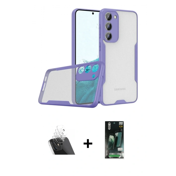 MARSİLYAN™- Galaxy S23 Plus Kılıf Atlas Asil Serisi - Siyah 360 Mat Full Body Arka Koruyucu + Kamera Lens Koruma Cam - SF