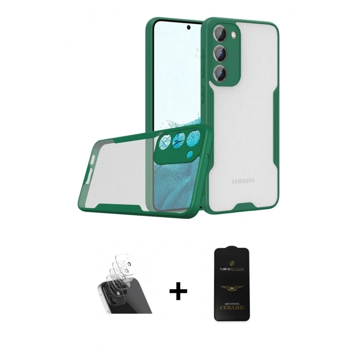 MARSİLYAN™- Galaxy S23 Plus Kılıf Atlas Asil Serisi - Siyah 6D Antistatik Mat Seramik Hayalet Nano Ekran Koruyucu + Kamera Lens Koruma Cam - SF