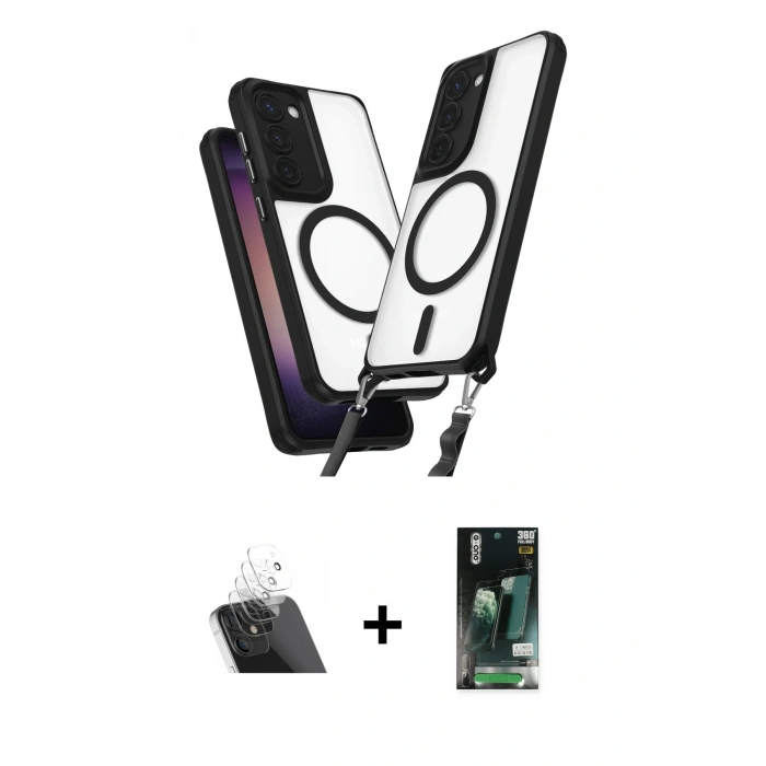 MARSİLYAN™- Galaxy S23 Plus Kılıf Atlas Doku Koleksiyonu - Siyah 360 Mat Full Body Arka Koruyucu + Kamera Lens Koruma Cam - SF