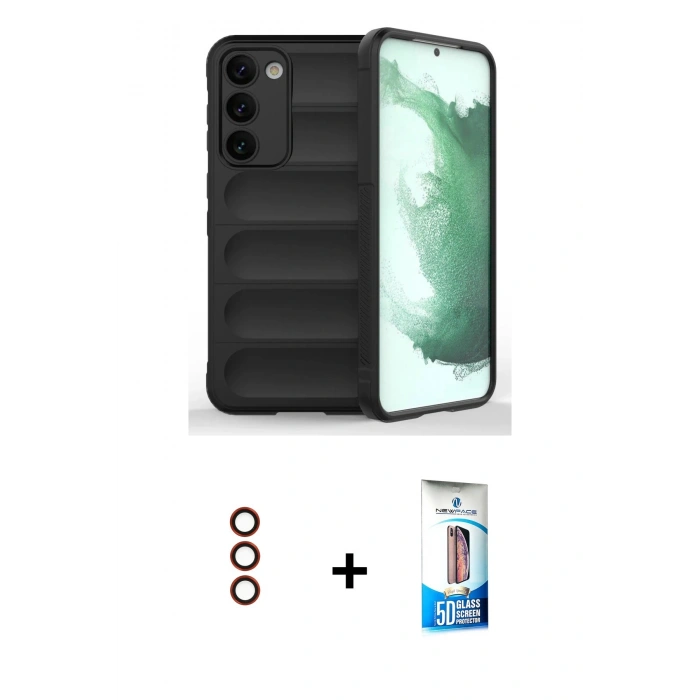 MARSİLYAN™- Galaxy S23 Plus Kılıf Atlas Koleksiyonu - Siyah 5D Eko Cam Ekran Koruyucu + Metal Kamera Lens - KI