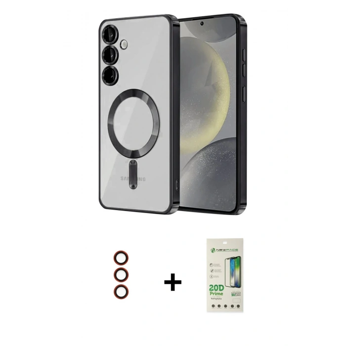 MARSİLYAN™- Galaxy S23 Plus Kılıf Nova Işık Özel Seri - Siyah 20D Premium Cam Ekran Koruyucu + Kırmızı Metal Kamera Lens