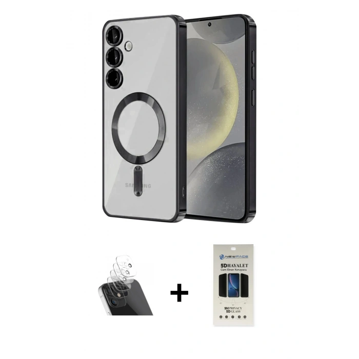 MARSİLYAN™- Galaxy S23 Plus Kılıf Nova Işık Özel Seri - Siyah 5D Hayalet Cam Ekran Koruyucu + Kamera Lens Koruma Cam - SF