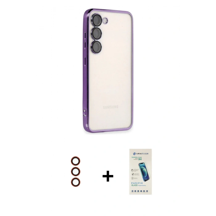 MARSİLYAN™- Galaxy S23 Plus Kılıf Vadi Minimal - Şeffaf Pasifik Cam Ekran Koruyucu + Metal Kamera Lens - KI