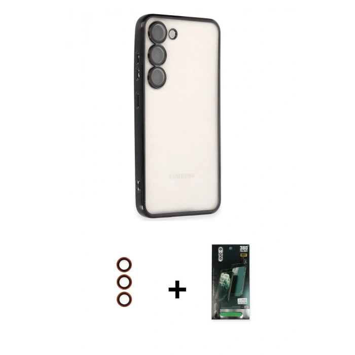 MARSİLYAN™- Galaxy S23 Plus Kılıf Vadi Minimal - Siyah 360 Mat Full Body Arka Koruyucu + Metal Kamera Lens - KI