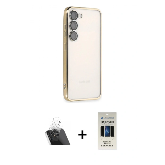 MARSİLYAN™- Galaxy S23 Plus Kılıf Vadi Minimal - Siyah 5D Hayalet Cam Ekran Koruyucu + Şeffaf Kamera Lens Koruma Cam