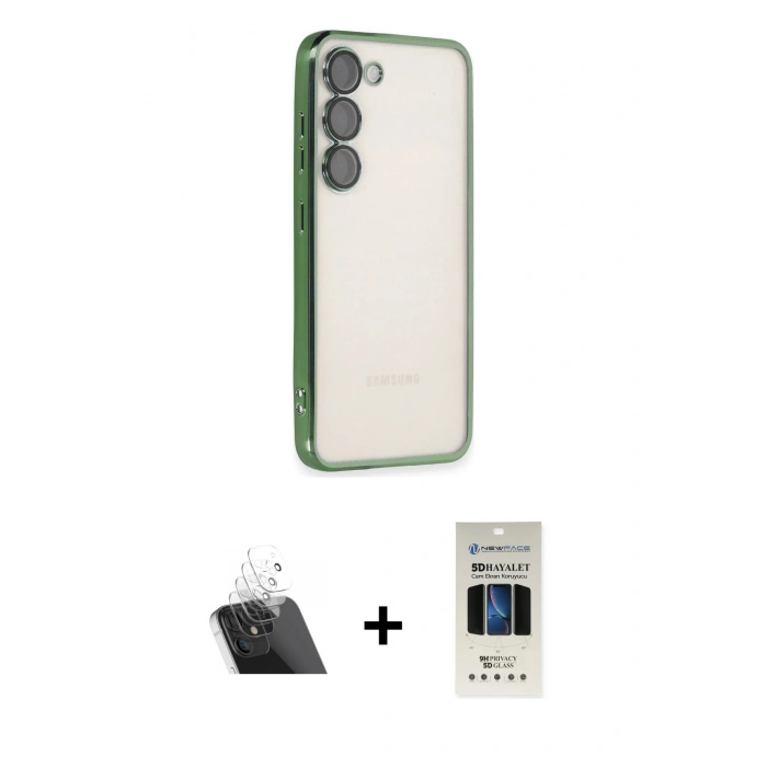 MARSİLYAN™- Galaxy S23 Plus Kılıf Vadi Minimal - Siyah 5D Hayalet Cam Ekran Koruyucu + Şeffaf Kamera Lens Koruma Cam