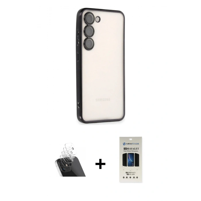 MARSİLYAN™- Galaxy S23 Plus Kılıf Vadi Minimal - Siyah 5D Hayalet Cam Ekran Koruyucu + Şeffaf Kamera Lens Koruma Cam