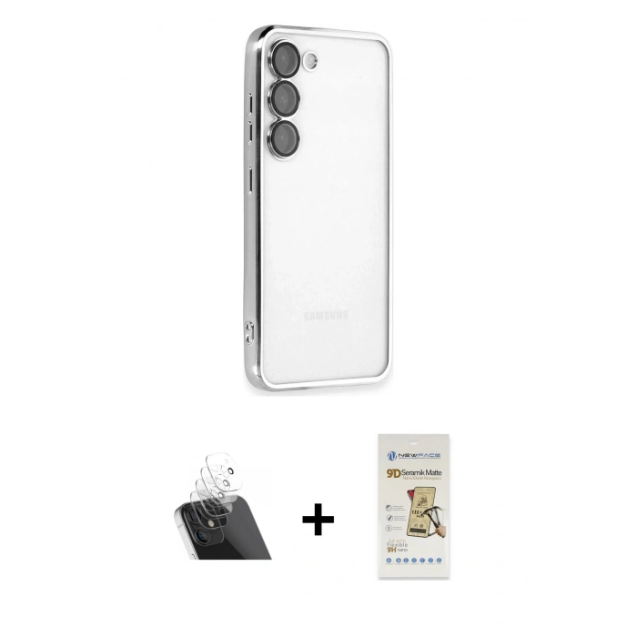 MARSİLYAN™- Galaxy S23 Plus Kılıf Vadi Minimal - Siyah Mat Seramik Nano Ekran Koruyucu + Şeffaf Kamera Lens Koruma Cam