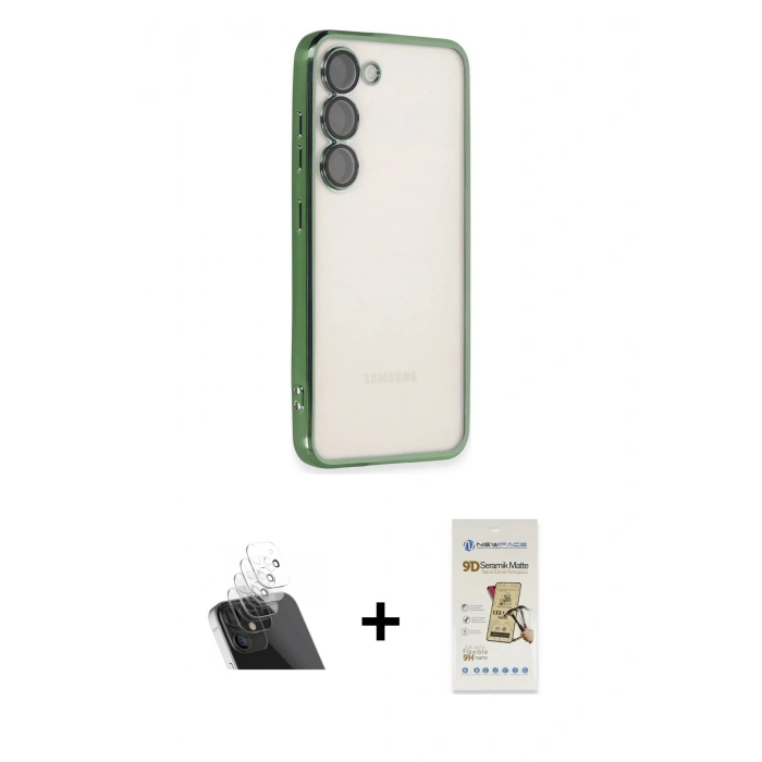 MARSİLYAN™- Galaxy S23 Plus Kılıf Vadi Minimal - Siyah Mat Seramik Nano Ekran Koruyucu + Şeffaf Kamera Lens Koruma Cam