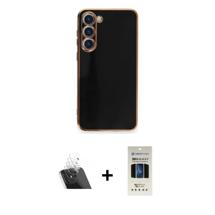 MARSİLYAN™- Galaxy S23 Plus Kılıf Yankı Serisi - Siyah 5D Hayalet Cam Ekran Koruyucu + Kamera Lens Koruma Cam - SF