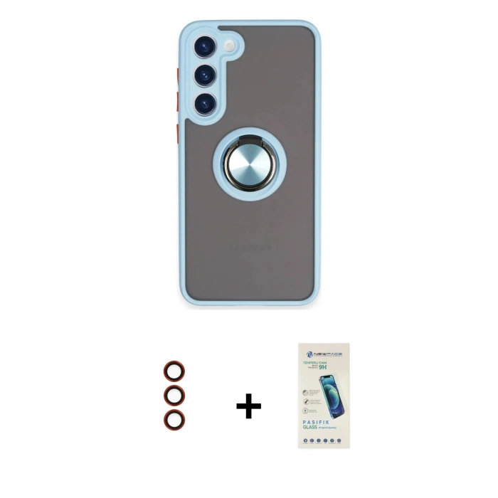 MARSİLYAN™- Galaxy S23 Plus Kılıf Yörünge Çizgi - Şeffaf Pasifik Cam Ekran Koruyucu + Metal Kamera Lens - KI