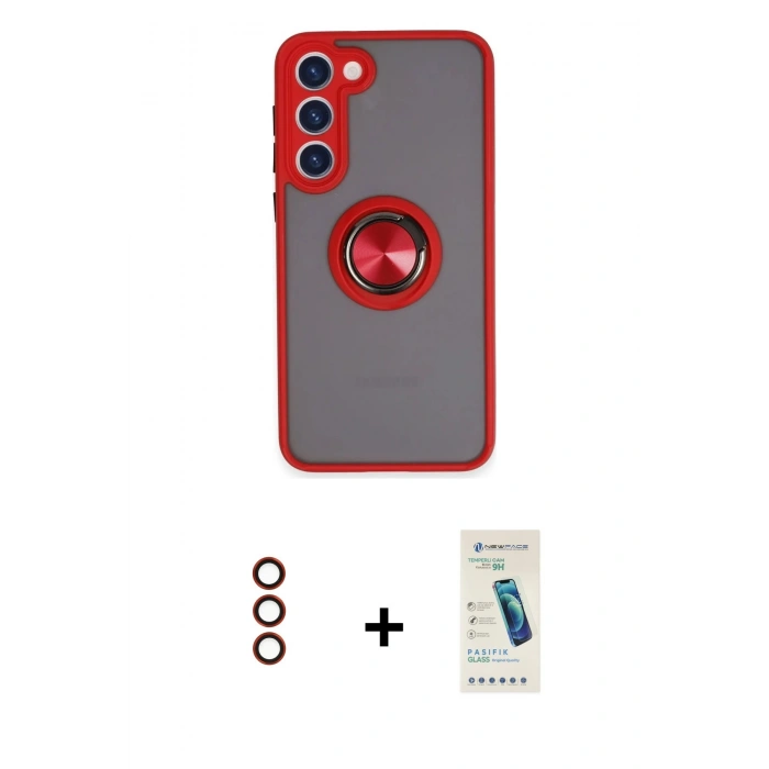 MARSİLYAN™- Galaxy S23 Plus Kılıf Yörünge Çizgi - Şeffaf Pasifik Cam Ekran Koruyucu + Metal Kamera Lens - KI