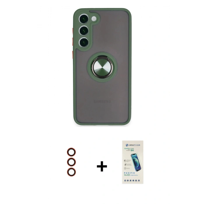 MARSİLYAN™- Galaxy S23 Plus Kılıf Yörünge Çizgi - Şeffaf Pasifik Cam Ekran Koruyucu + Metal Kamera Lens - KI