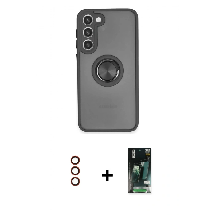 MARSİLYAN™- Galaxy S23 Plus Kılıf Yörünge Çizgi - Siyah 360 Mat Full Body Arka Koruyucu + Metal Kamera Lens - KI