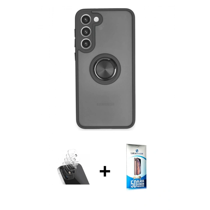 MARSİLYAN™- Galaxy S23 Plus Kılıf Yörünge Çizgi - Siyah 5D Eko Cam Ekran Koruyucu + Kamera Lens Koruma Cam - SF