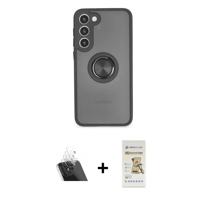 MARSİLYAN™- Galaxy S23 Plus Kılıf Yörünge Çizgi - Siyah Mat Seramik Nano Ekran Koruyucu + Kamera Lens Koruma Cam - SF