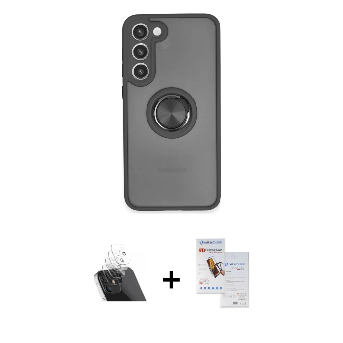 MARSİLYAN™- Galaxy S23 Plus Kılıf Yörünge Çizgi - Siyah Seramik Nano Ekran Koruyucu + Kamera Lens Koruma Cam - SF