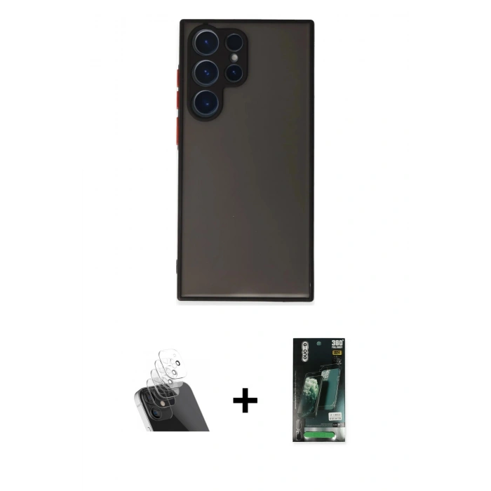 MARSİLYAN™- Galaxy S23 Ultra Kılıf Ahenk Çizgi Serisi - Siyah 360 Mat Full Body Arka Koruyucu + Kamera Lens Koruma Cam - SF