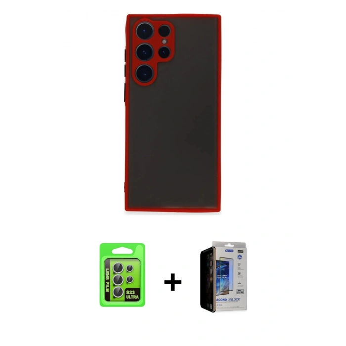 MARSİLYAN™- Galaxy S23 Ultra Kılıf Ahenk Çizgi Serisi - Siyah Durable Full Glue Curved Hayalet Cam + Raze Metal Kamera Lens - GS