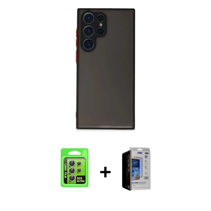 MARSİLYAN™- Galaxy S23 Ultra Kılıf Ahenk Çizgi Serisi - Siyah Durable Full Glue Curved Hayalet Cam + Raze Metal Kamera Lens - GS
