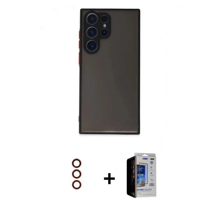 MARSİLYAN™- Galaxy S23 Ultra Kılıf Ahenk Çizgi Serisi - Siyah Durable Full Glue Curved Hayalet Cam + Metal Kamera Lens - KI