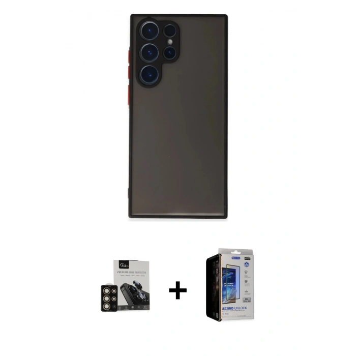 MARSİLYAN™- Galaxy S23 Ultra Kılıf Ahenk Çizgi Serisi - Siyah Durable Full Glue Curved Hayalet Cam + PVD Metal Kamera Lens - GD