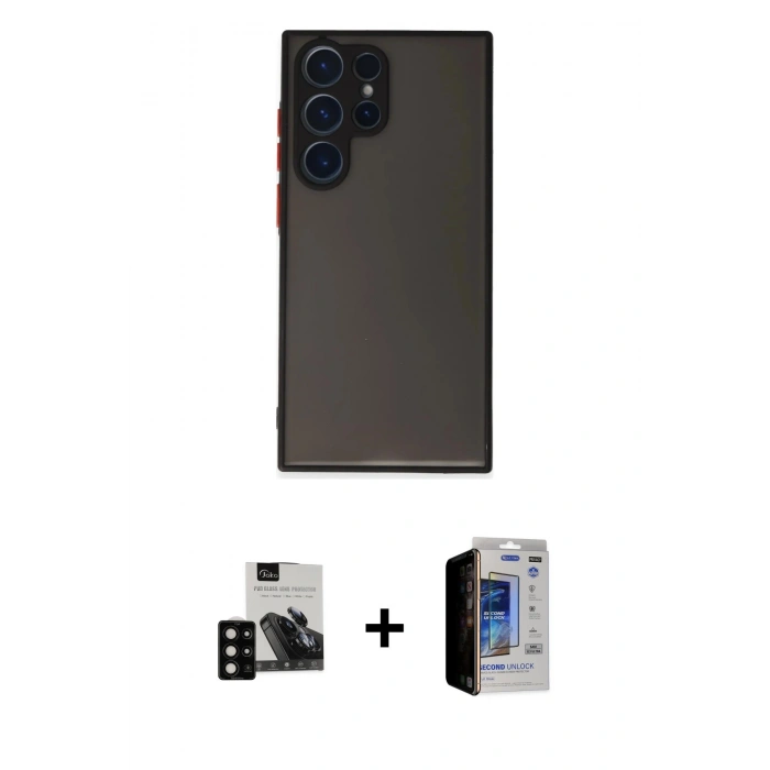 MARSİLYAN™- Galaxy S23 Ultra Kılıf Ahenk Çizgi Serisi - Siyah Durable Full Glue Curved Hayalet Cam + PVD Metal Kamera Lens - SH