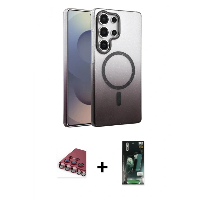 MARSİLYAN™- Galaxy S23 Ultra Kılıf Ahenk Doku Özel Seri - Şeffaf 360 Full Body Arka Koruyucu + Valdez Metal Kamera Lens - KI
