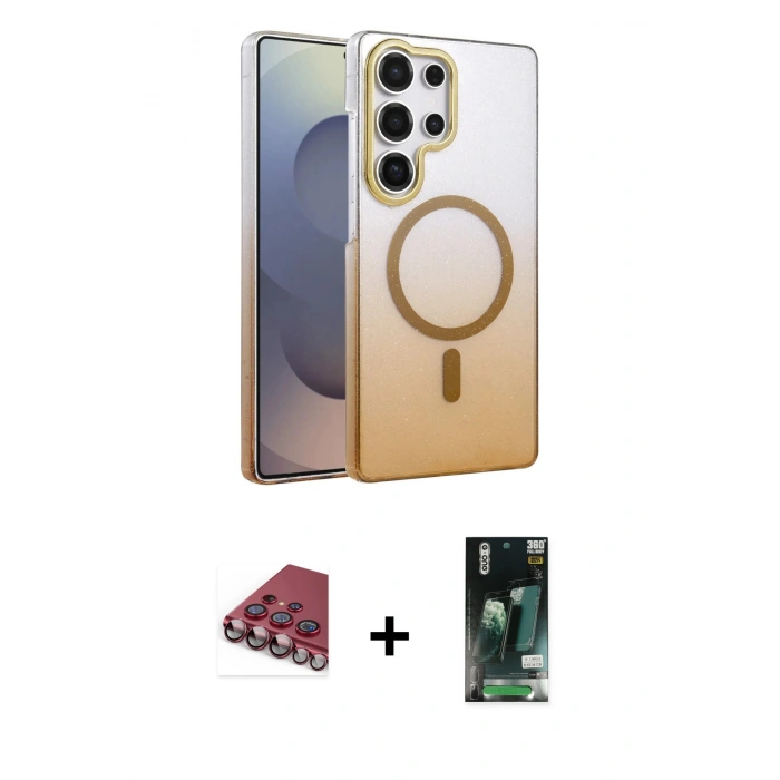 MARSİLYAN™- Galaxy S23 Ultra Kılıf Ahenk Doku Özel Seri - Şeffaf 360 Full Body Arka Koruyucu + Valdez Metal Kamera Lens - KI