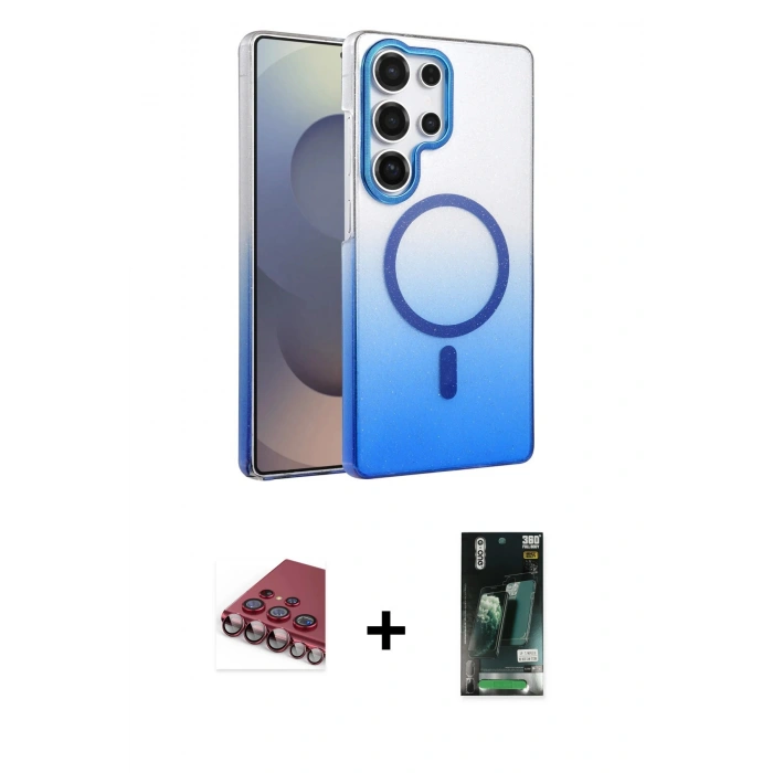 MARSİLYAN™- Galaxy S23 Ultra Kılıf Ahenk Doku Özel Seri - Şeffaf 360 Full Body Arka Koruyucu + Valdez Metal Kamera Lens - KI