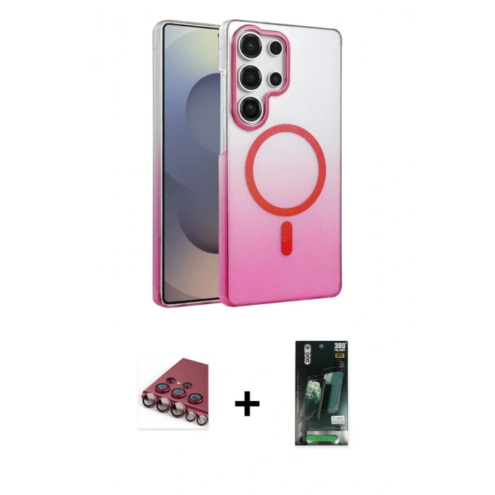 MARSİLYAN™- Galaxy S23 Ultra Kılıf Ahenk Doku Özel Seri - Şeffaf 360 Full Body Arka Koruyucu + Valdez Metal Kamera Lens - KI
