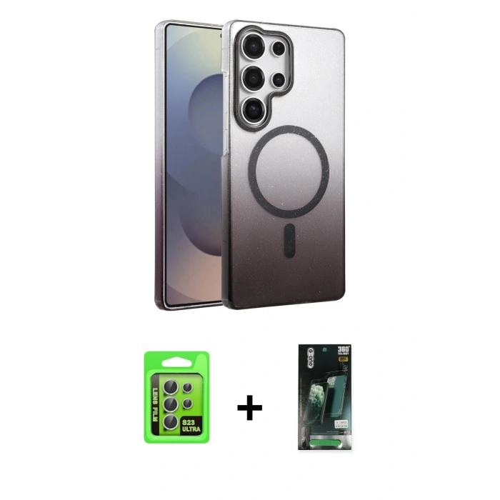 MARSİLYAN™- Galaxy S23 Ultra Kılıf Ahenk Doku Özel Seri - Siyah 360 Mat Full Body Arka Koruyucu + Raze Metal Kamera Lens - GS