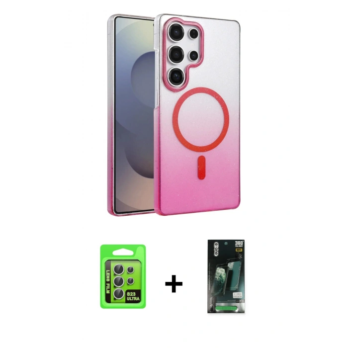 MARSİLYAN™- Galaxy S23 Ultra Kılıf Ahenk Doku Özel Seri - Siyah 360 Mat Full Body Arka Koruyucu + Raze Metal Kamera Lens - GS